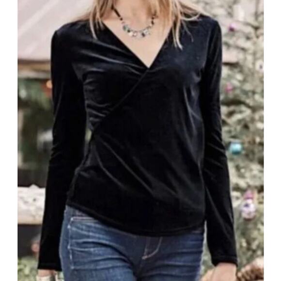 Sundance Morgan Black Velvet Faux Wrap Surplice Long Sleeve Blouse Top, Sz MED - Picture 1 of 6